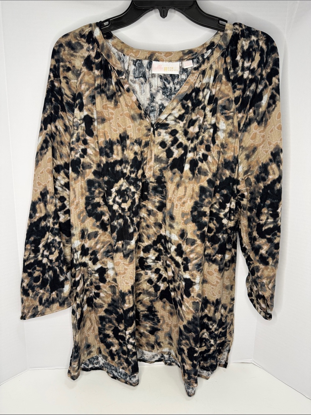 Belle by Kim Gravel Tie Dye look Tan and Black Animal Print Henley Tunic
